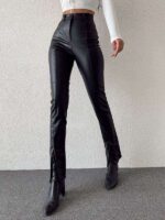 Imitation leather trousers with slit at the ends