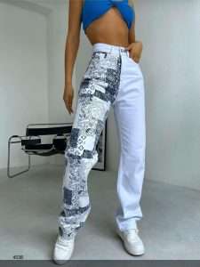 Denim trousers in ethnic pattern