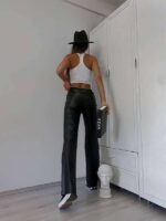 High waist imitation leather trousers