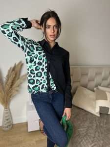 Oversize shirt, blouse, black with print